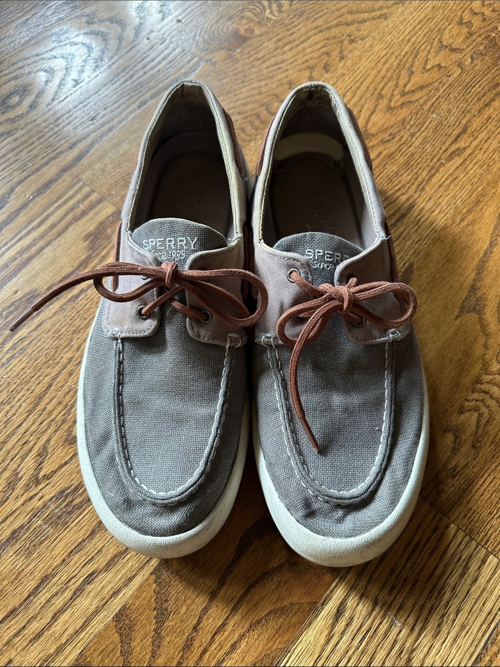 Sperry Men’s Gray Canvas Boat Shoes with Brown Laces